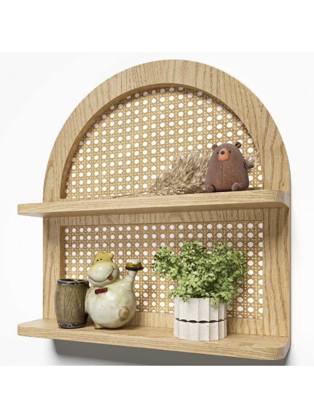 Boho Rattan Wall Shelf - 2-Tier Arched Floating Shelf, Rustic Nursery Decor